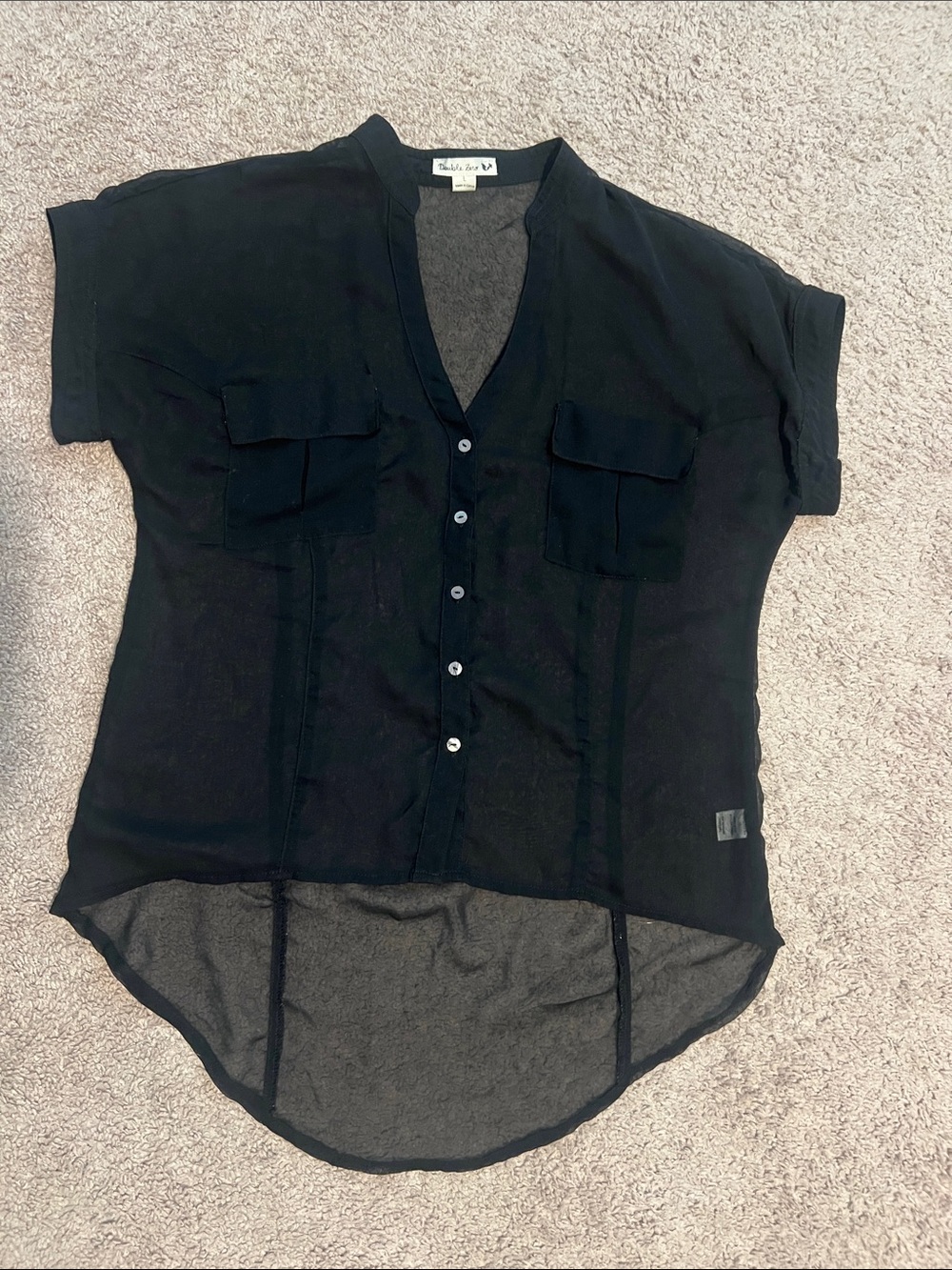 Black Button-Front Sheer Short Sleeve Top